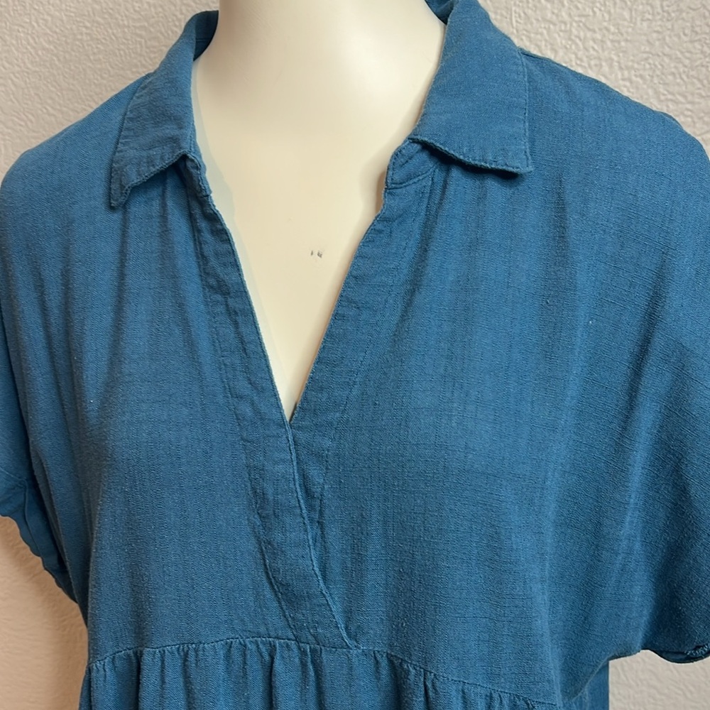 Umgee Teal Tiered Linen Blend Babydoll Dress - Size L - Picture 2 of 8